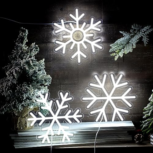 Treela 3 Pcs Christmas Neon Sign White Snowflake Neon Sign Christmas Window Decorations Light up Room Sign LED Neon Sign Light USB Wall Bar Living Room Decor for Winter Party Home Bedroom Office Art
