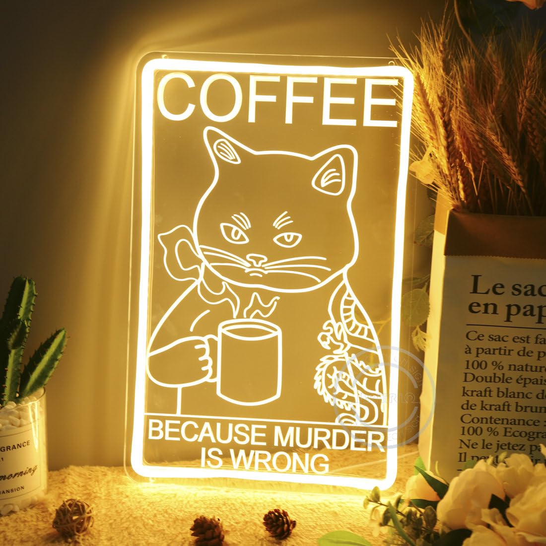 Coffee Because Murder is Wrong Cat Coffee Neon Sign