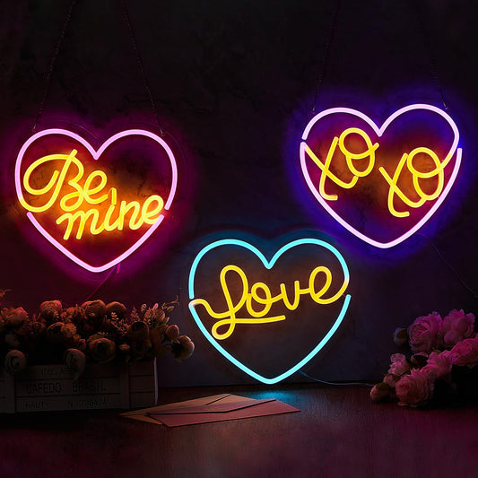 Valentines Day 3 Pcs Set Blue Be Mine Pink XOXO Purple Love Heart Neon Sign