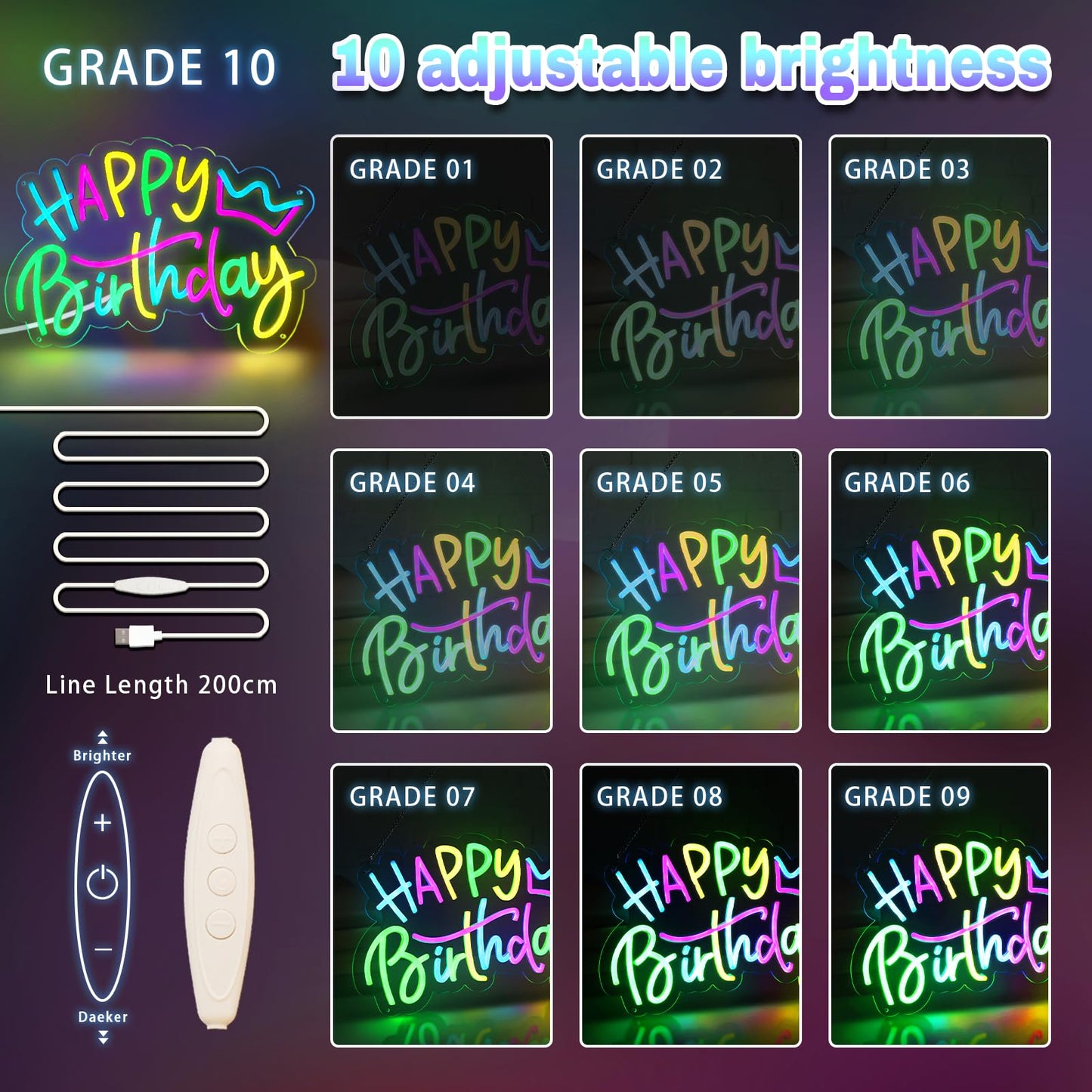 Happy Birthday Neon Sign with Birthday Crown