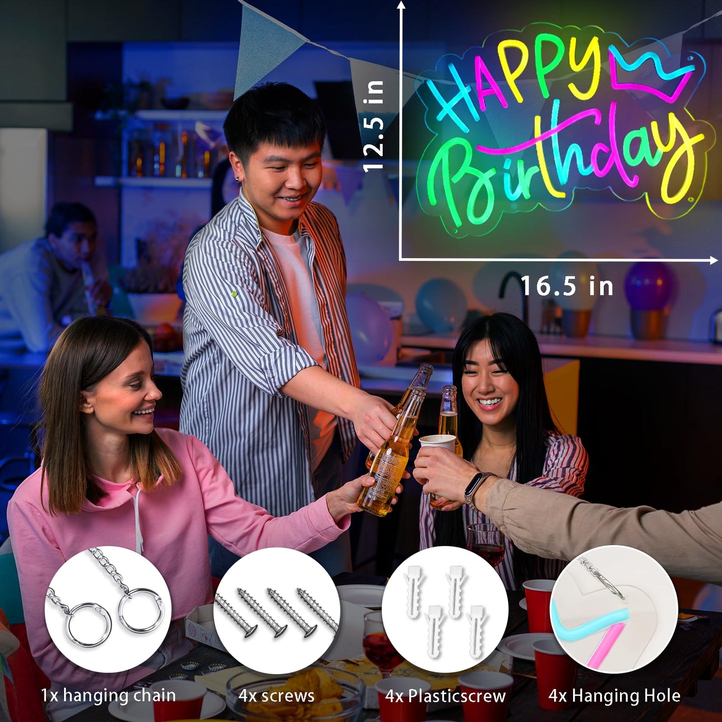 Happy Birthday Neon Sign with Birthday Crown