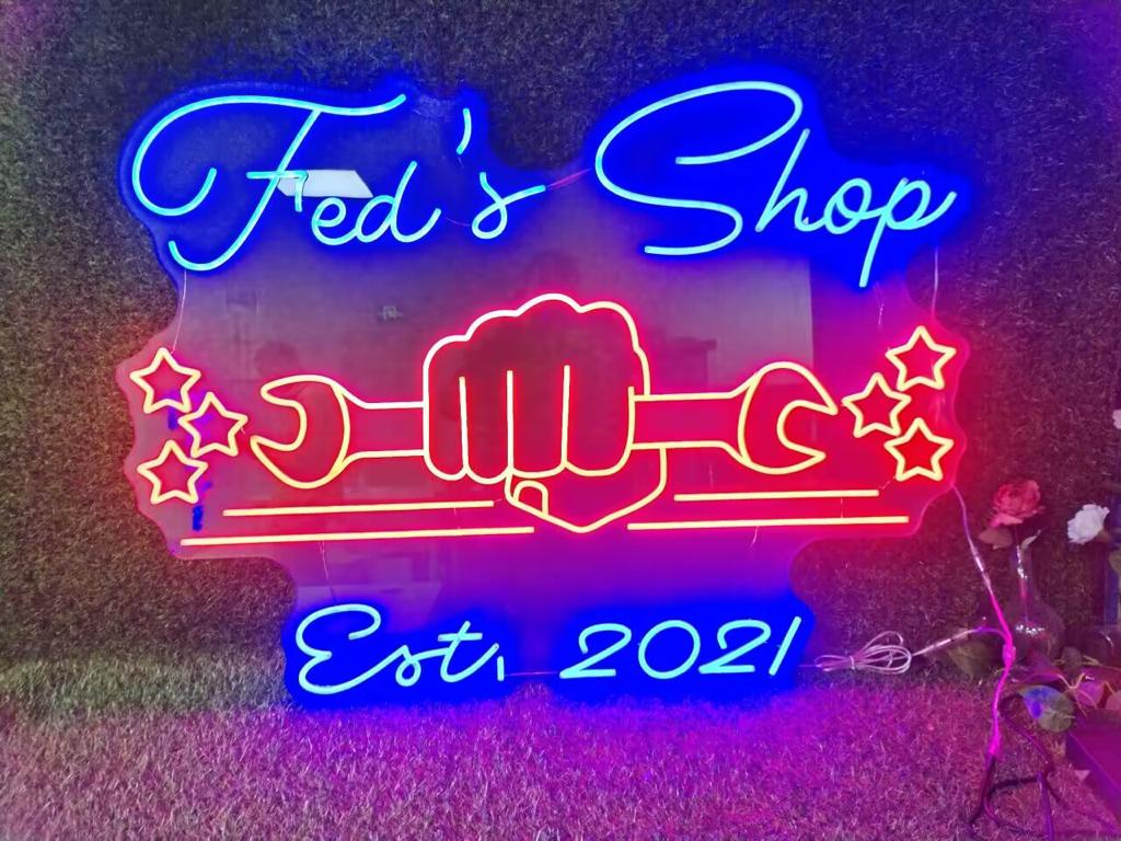 Personalized Cursive LED Neon Garage Sign w/ Logo